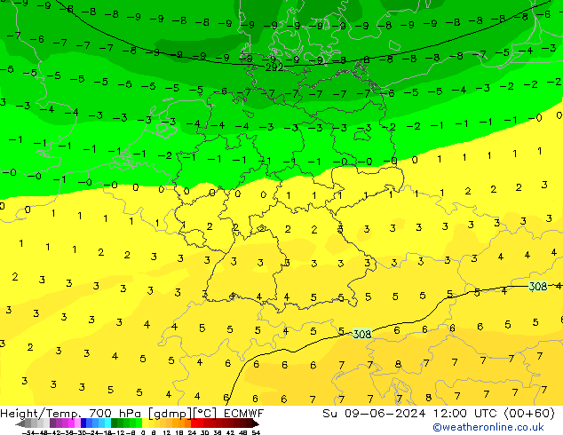 Height/Temp. 700 hPa ECMWF Dom 09.06.2024 12 UTC