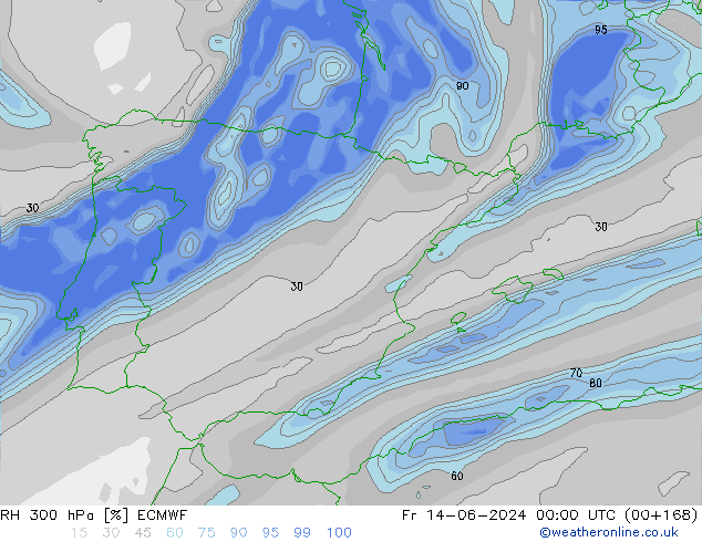 RH 300 hPa ECMWF Fr 14.06.2024 00 UTC