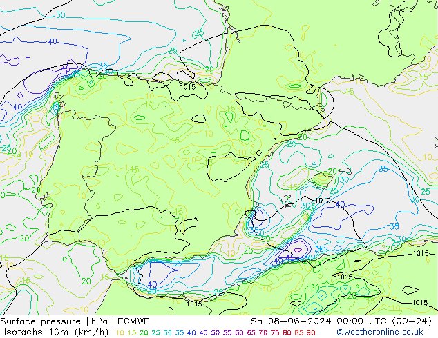 Isotaca (kph) ECMWF sáb 08.06.2024 00 UTC