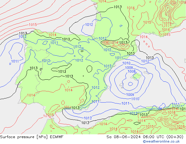 Surface pressure ECMWF Sa 08.06.2024 06 UTC