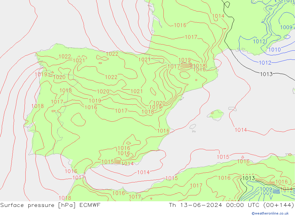 Surface pressure ECMWF Th 13.06.2024 00 UTC