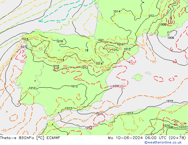 Theta-e 850hPa ECMWF Mo 10.06.2024 06 UTC