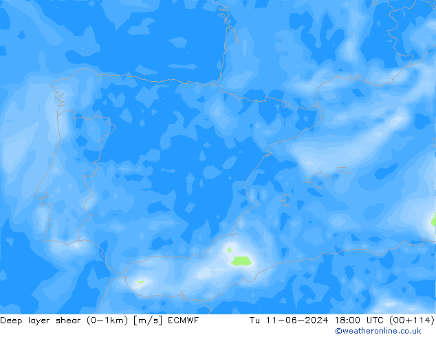 Deep layer shear (0-1km) ECMWF Di 11.06.2024 18 UTC