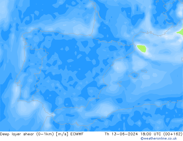 Deep layer shear (0-1km) ECMWF Th 13.06.2024 18 UTC