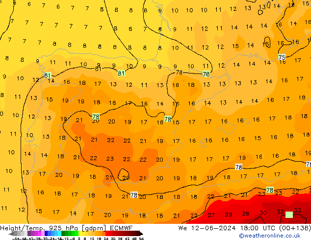 Height/Temp. 925 hPa ECMWF śro. 12.06.2024 18 UTC