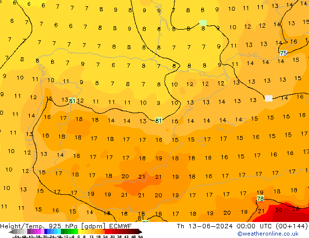 Height/Temp. 925 hPa ECMWF czw. 13.06.2024 00 UTC