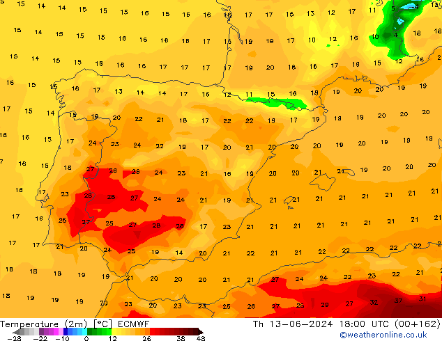 Temperatura (2m) ECMWF gio 13.06.2024 18 UTC