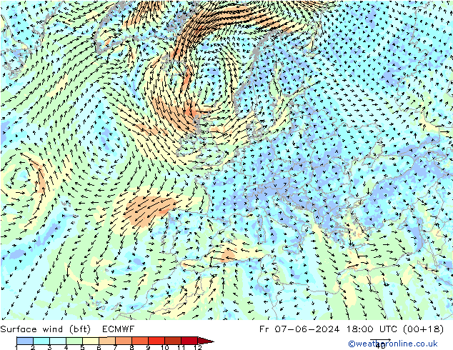 Vento 10 m (bft) ECMWF ven 07.06.2024 18 UTC