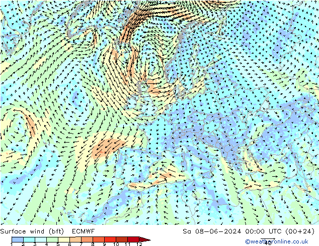 Viento 10 m (bft) ECMWF sáb 08.06.2024 00 UTC