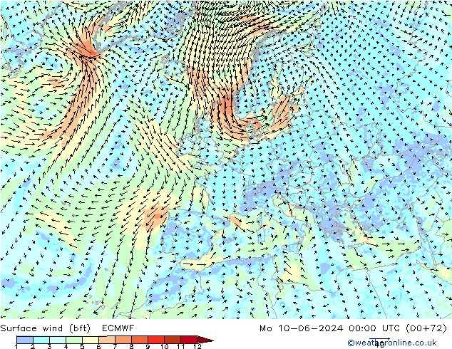 Surface wind (bft) ECMWF Mo 10.06.2024 00 UTC