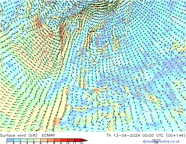 Vento 10 m (bft) ECMWF gio 13.06.2024 00 UTC