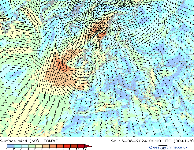 Rüzgar 10 m (bft) ECMWF Cts 15.06.2024 06 UTC