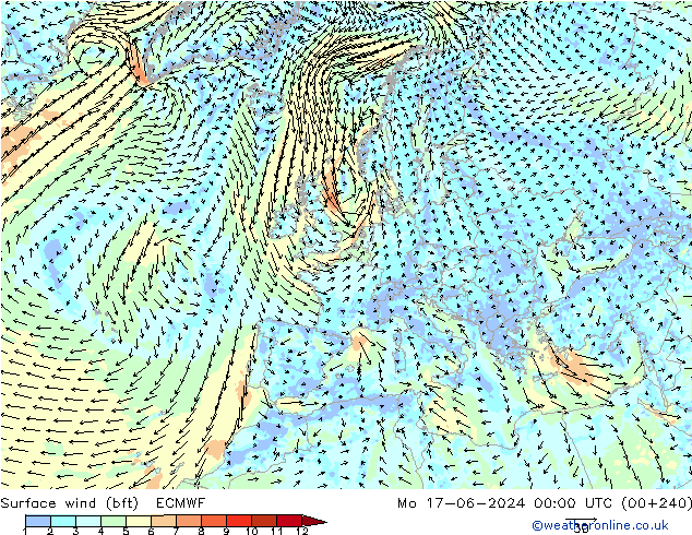 Bodenwind (bft) ECMWF Mo 17.06.2024 00 UTC