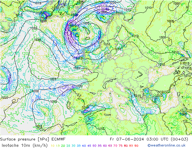 Isotachs (kph) ECMWF Pá 07.06.2024 03 UTC