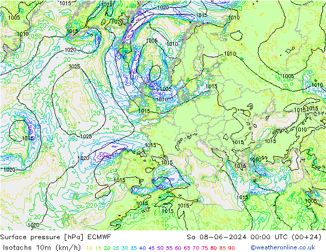 Eşrüzgar Hızları (km/sa) ECMWF Cts 08.06.2024 00 UTC