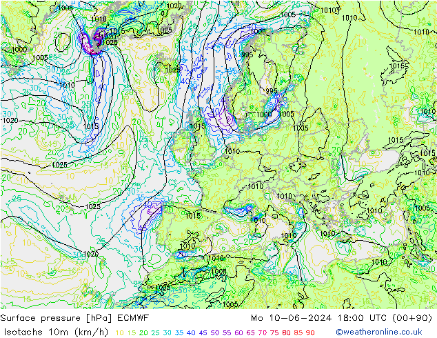 Isotachs (kph) ECMWF Mo 10.06.2024 18 UTC