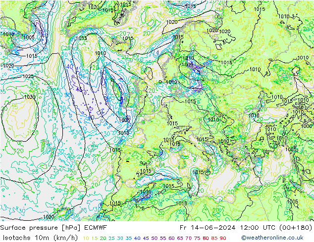 Isotachen (km/h) ECMWF Fr 14.06.2024 12 UTC