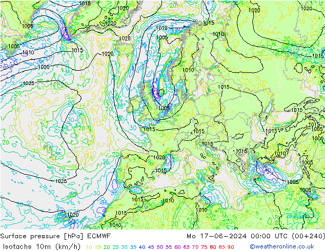 Eşrüzgar Hızları (km/sa) ECMWF Pzt 17.06.2024 00 UTC