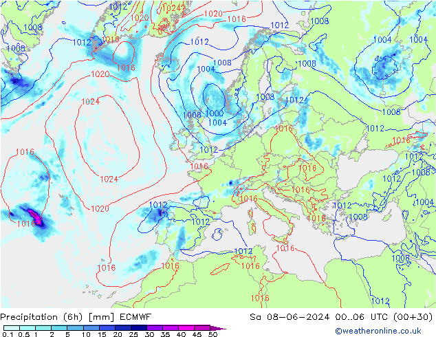 Z500/Rain (+SLP)/Z850 ECMWF Sa 08.06.2024 06 UTC