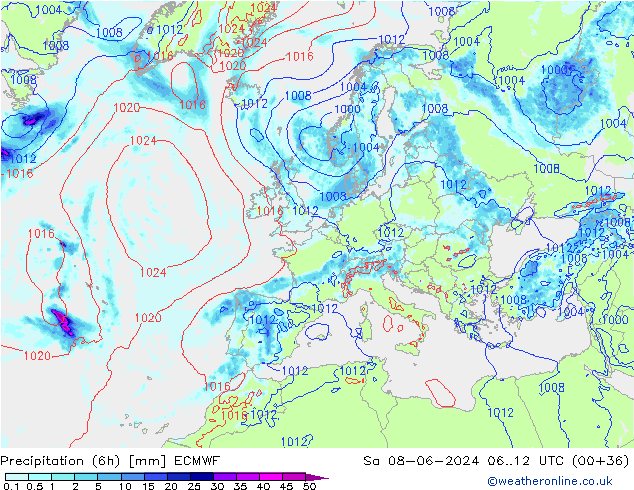 Precipitazione (6h) ECMWF sab 08.06.2024 12 UTC