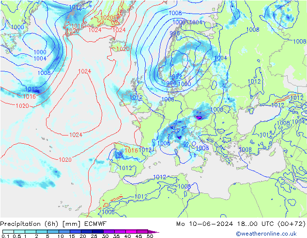 Z500/Rain (+SLP)/Z850 ECMWF pon. 10.06.2024 00 UTC