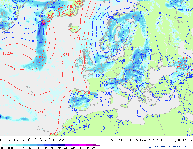 Z500/Rain (+SLP)/Z850 ECMWF Mo 10.06.2024 18 UTC