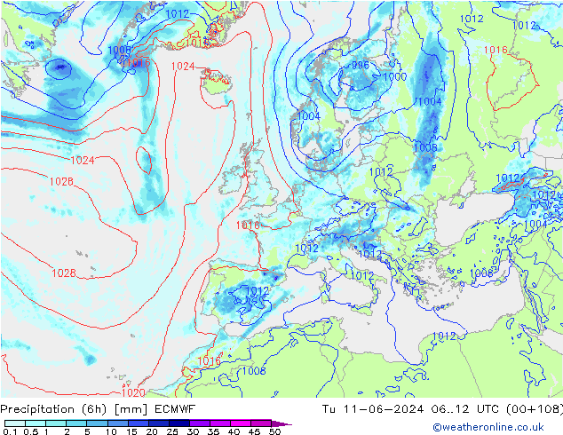 Totale neerslag (6h) ECMWF di 11.06.2024 12 UTC