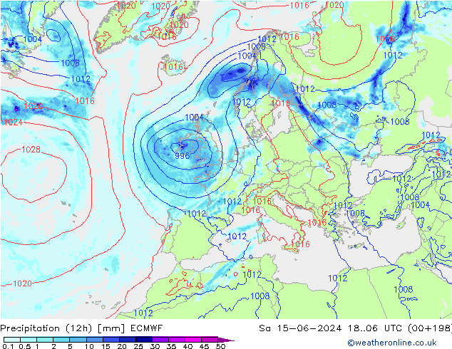 Totale neerslag (12h) ECMWF za 15.06.2024 06 UTC