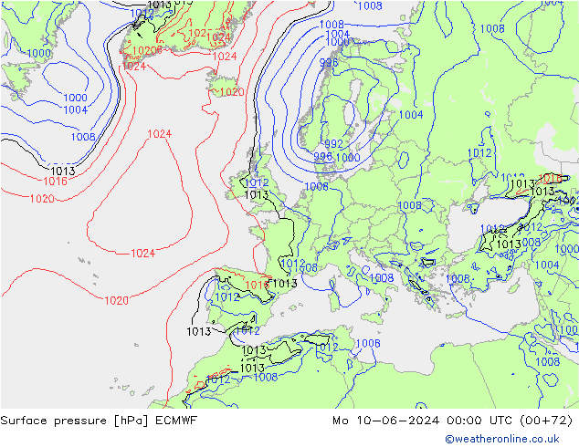 Pressione al suolo ECMWF lun 10.06.2024 00 UTC