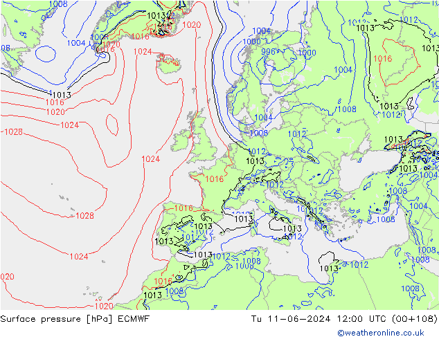 Surface pressure ECMWF Tu 11.06.2024 12 UTC