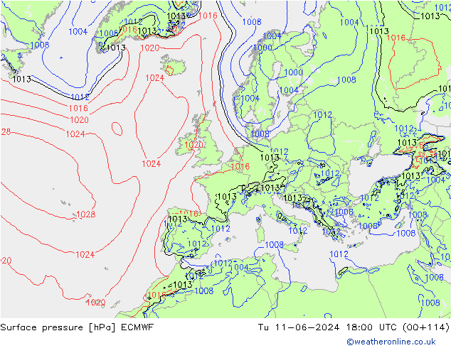 Atmosférický tlak ECMWF Út 11.06.2024 18 UTC