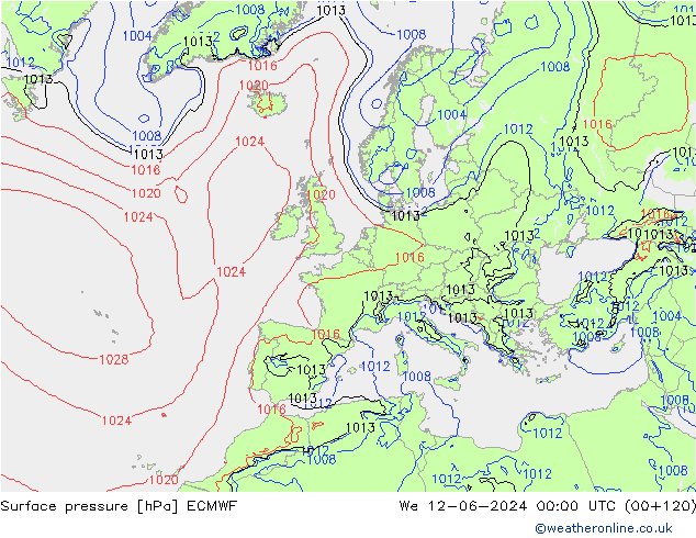 Atmosférický tlak ECMWF St 12.06.2024 00 UTC