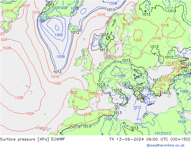 Surface pressure ECMWF Th 13.06.2024 06 UTC