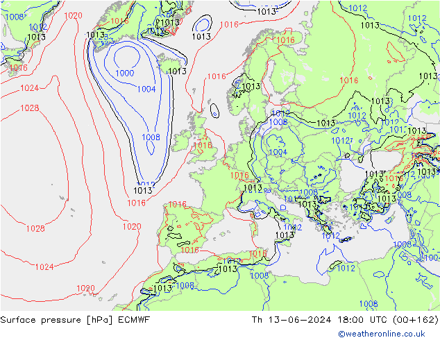 Pressione al suolo ECMWF gio 13.06.2024 18 UTC