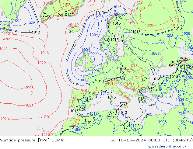 Pressione al suolo ECMWF dom 16.06.2024 00 UTC