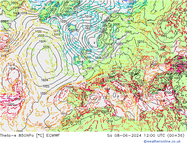 Theta-e 850hPa ECMWF sáb 08.06.2024 12 UTC