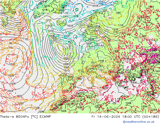 Theta-e 850hPa ECMWF Sex 14.06.2024 18 UTC