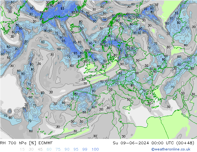 Humidité rel. 700 hPa ECMWF dim 09.06.2024 00 UTC