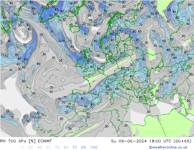 RH 700 hPa ECMWF Su 09.06.2024 18 UTC