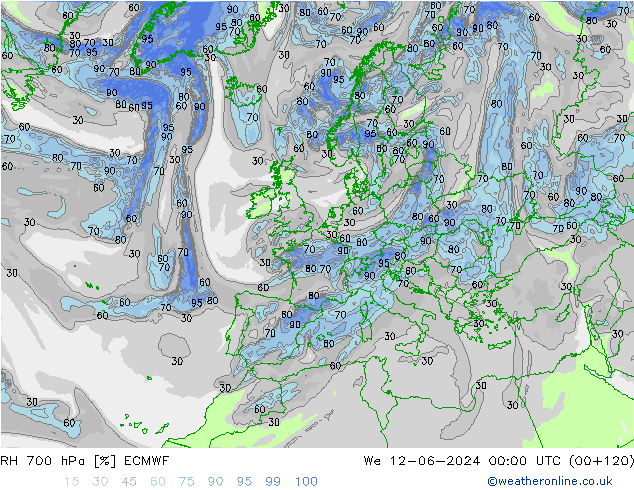 RH 700 гПа ECMWF ср 12.06.2024 00 UTC