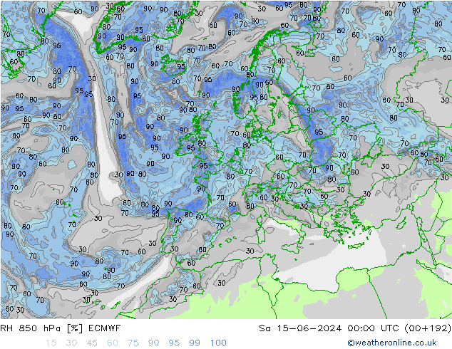 RH 850 hPa ECMWF Sa 15.06.2024 00 UTC