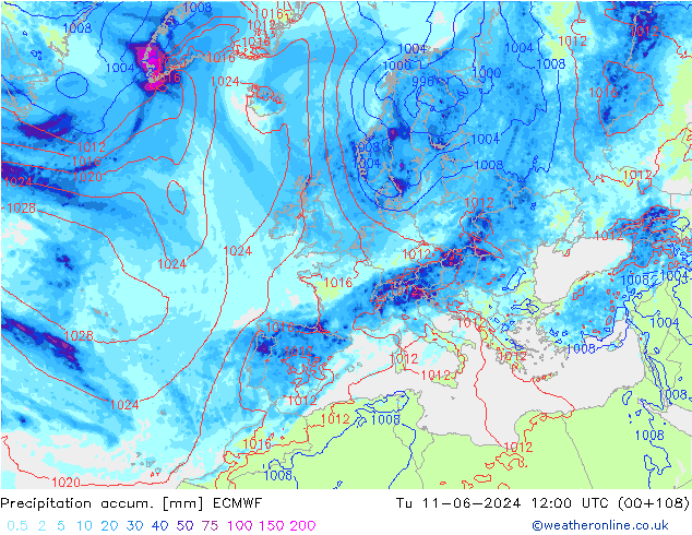 Totale neerslag ECMWF di 11.06.2024 12 UTC