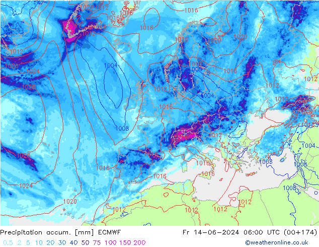 Precipitation accum. ECMWF Fr 14.06.2024 06 UTC