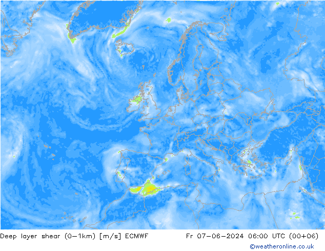 Deep layer shear (0-1km) ECMWF Fr 07.06.2024 06 UTC