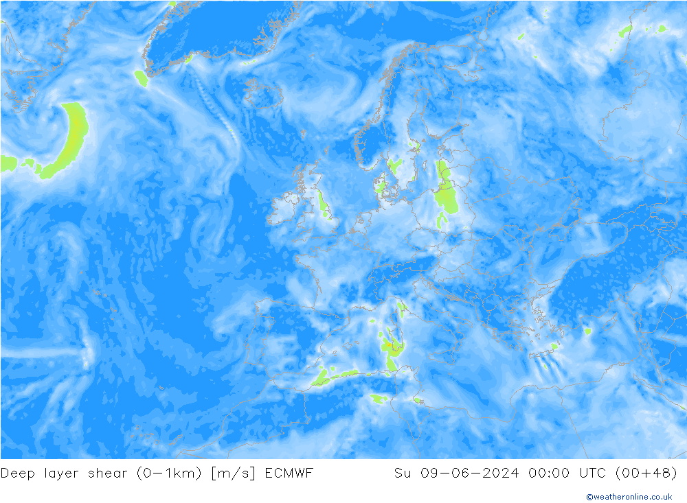 Deep layer shear (0-1km) ECMWF dim 09.06.2024 00 UTC