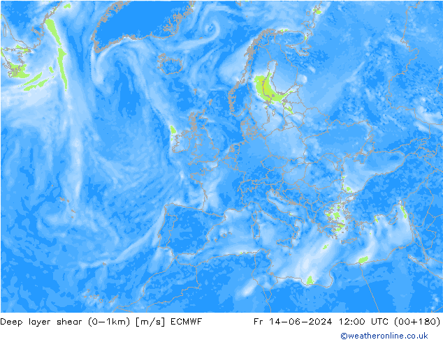 Deep layer shear (0-1km) ECMWF Fr 14.06.2024 12 UTC