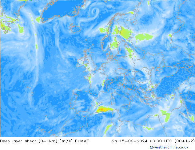 Deep layer shear (0-1km) ECMWF  15.06.2024 00 UTC