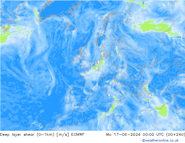 Deep layer shear (0-1km) ECMWF Mo 17.06.2024 00 UTC