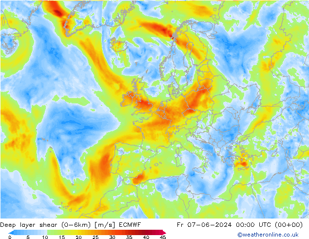 Deep layer shear (0-6km) ECMWF Pá 07.06.2024 00 UTC