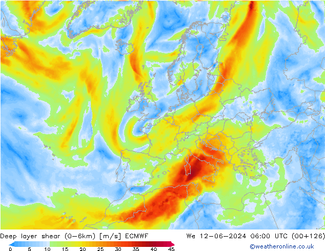 Deep layer shear (0-6km) ECMWF śro. 12.06.2024 06 UTC